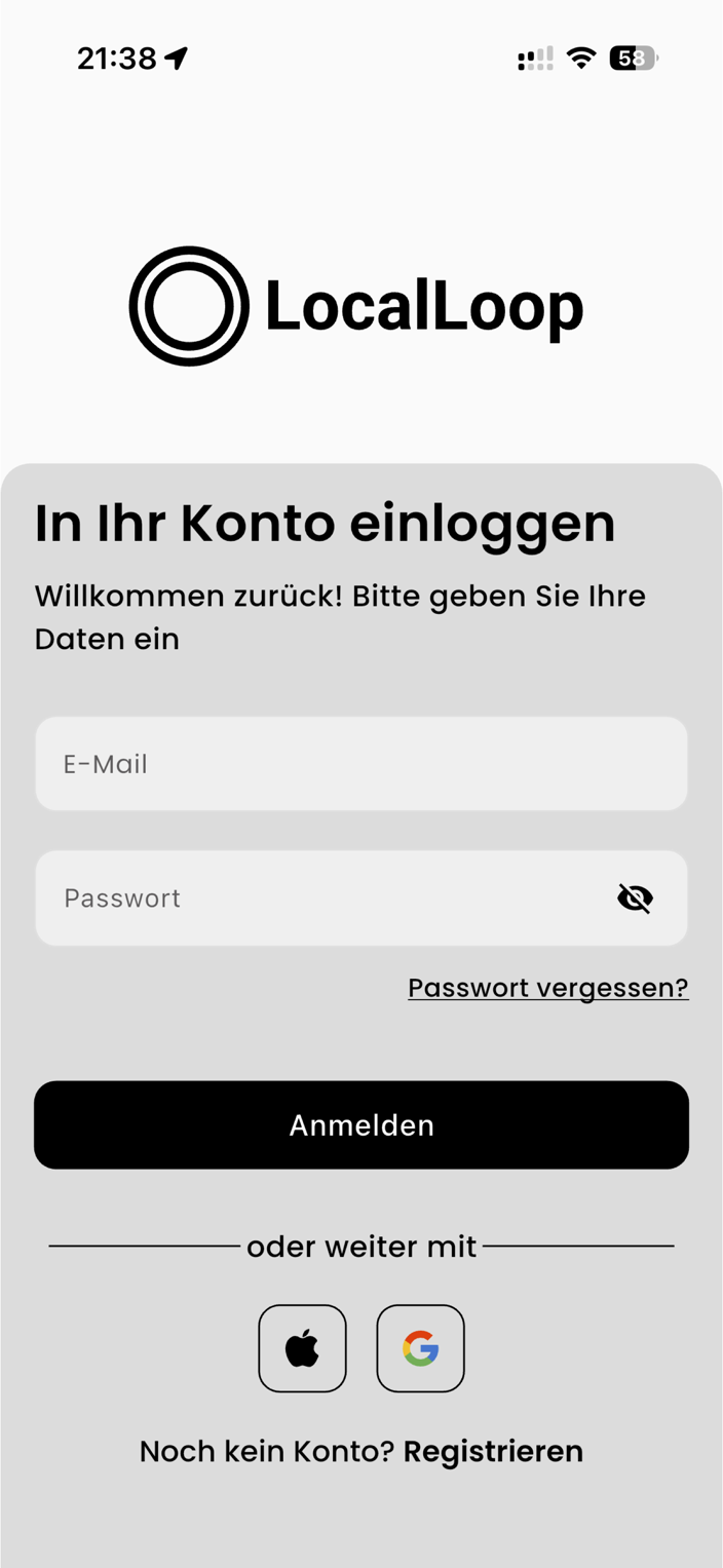 LocalLoop App – Creator-Konto anmelden