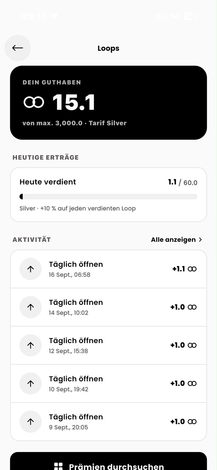 LocalLoop App – gesammelte Loops, Guthaben und tägliche Erträge