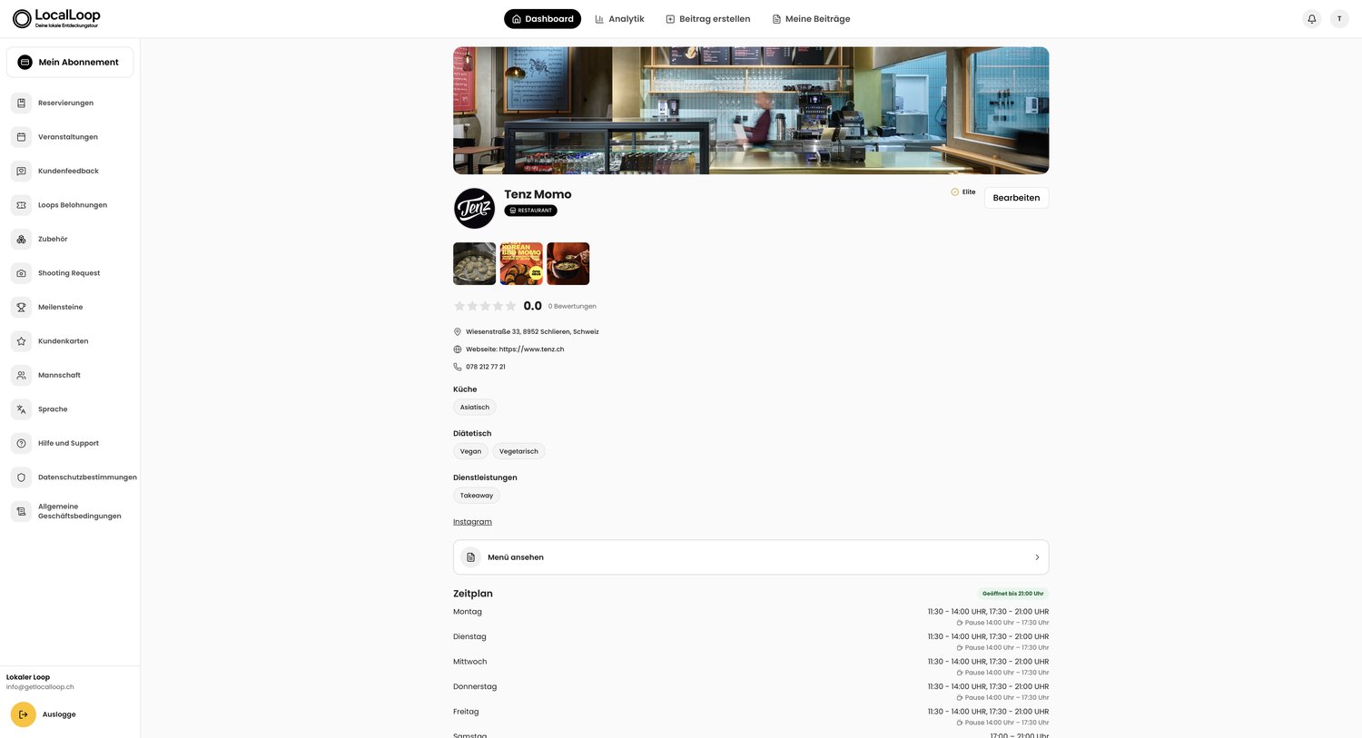 LocalLoop Web-App — Dashboard mit Profil, Menü und Öffnungszeiten